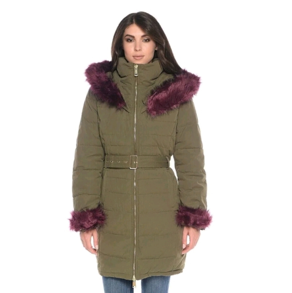 Guess Women's Down Jacket Sunny Long Coat Olive Green Size Small